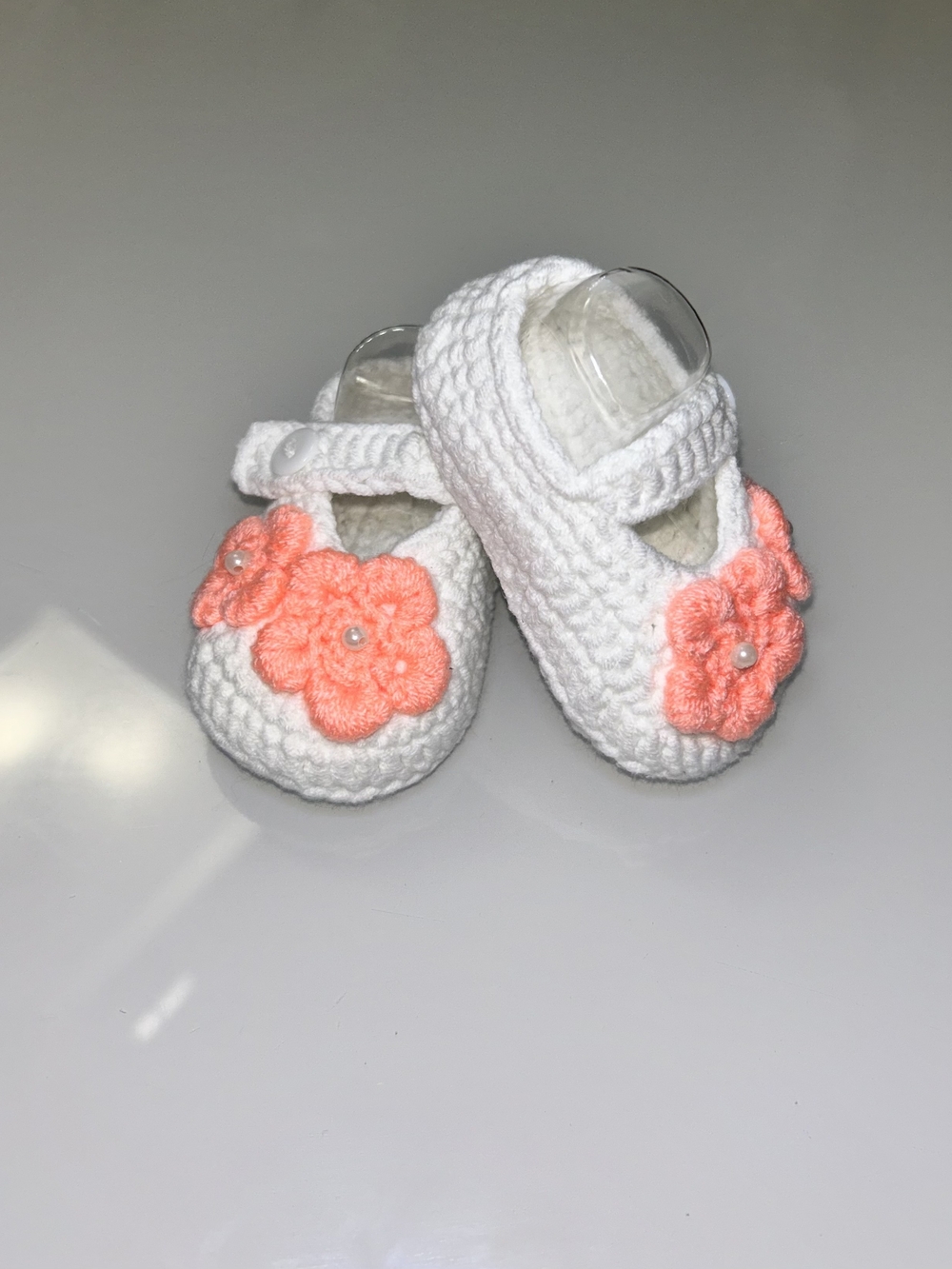 White Baby Mary Jane Booties with Coral Flower Appliqués - Picture 2 of 2